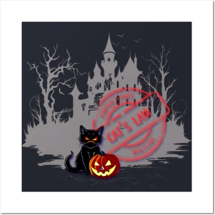 Halloween Cat with Pumpking - with stamp "Cat's Law! Pumpkin claimed with claws" Posters and Art